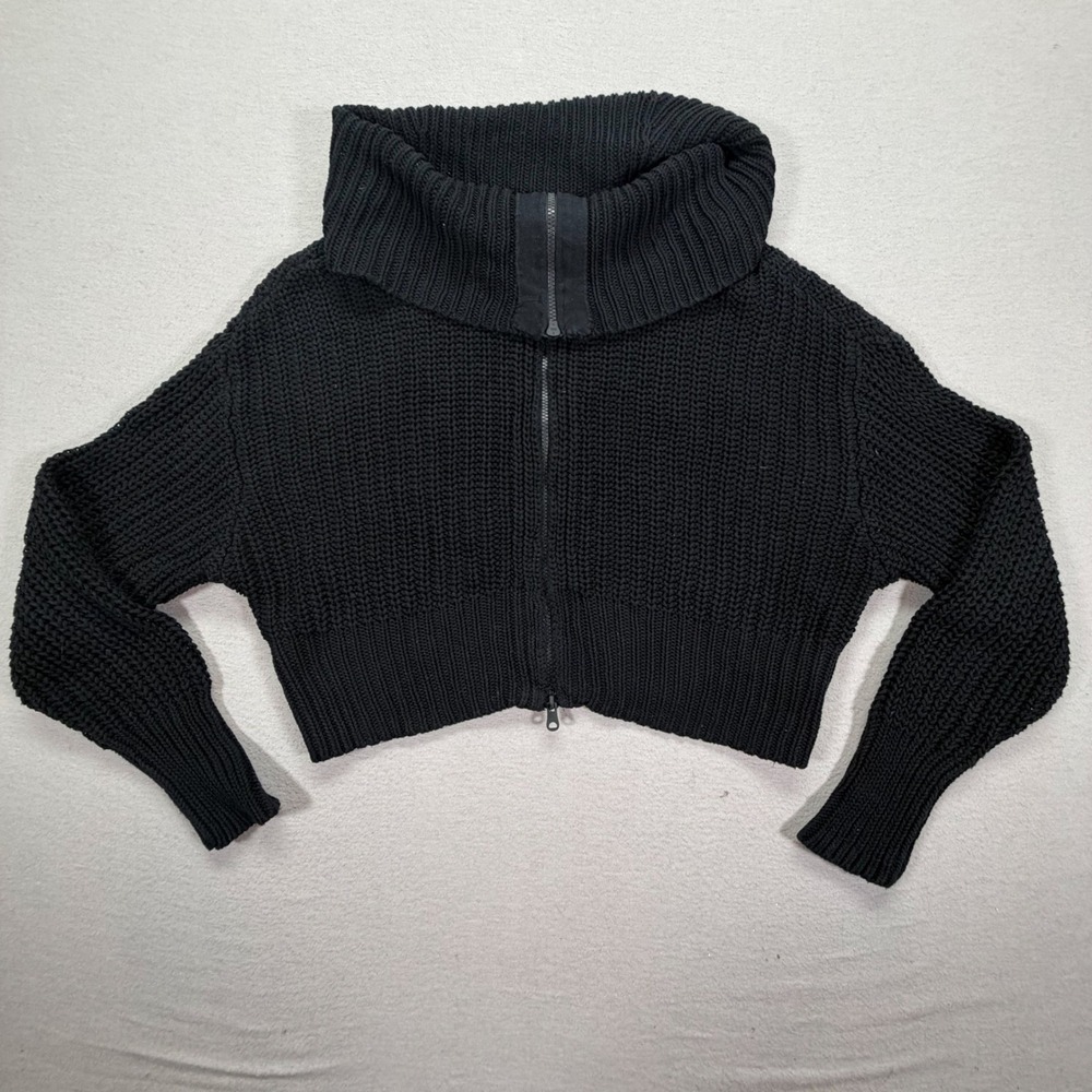 Aerie Full Zip Sweater Womens XL Good Black Cropped Chunky Shaker Knit Cowl Neck